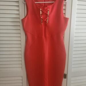 Ivanka Trump Red Midi Bodycon Dress with Zipper Back and Lace-up Detail